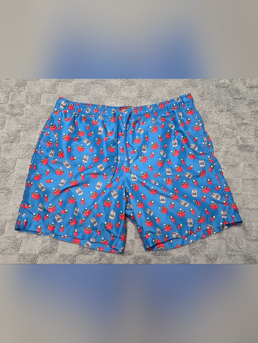 Party Sharks Swim Trunks Men's Blue Printed Swim Trunks with Fun Red Cup Pattern